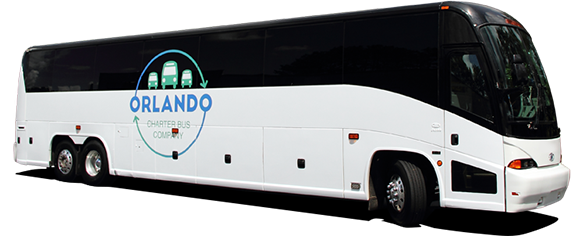 a plain white charter bus with an orlando charter bus company logo